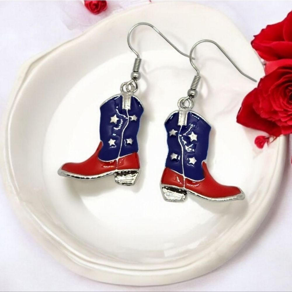 Cowboy Boot Earrings Red Blue Patriotic Cowgirl Americana Jewelry Western Dangle